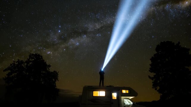 Person shining flashlight at night under starry sky with camper van in background