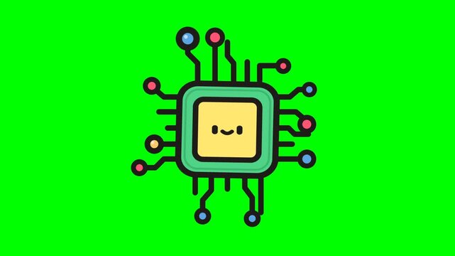 Cute microchip processor character icon on green screen