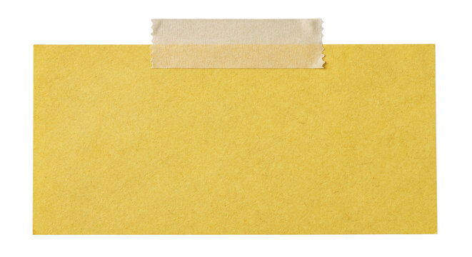 Blank yellow paper note attached with masking tape isolated on transparent background