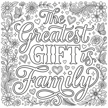 Black and white coloring page with decorative floral border and inspirational family text quote