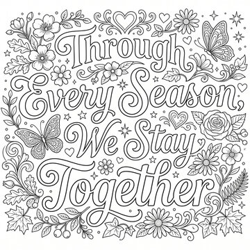 Floral coloring page with decorative lettering stating through every season we stay together