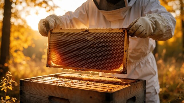 Beekeeper in white protective suit holds wooden honeycomb frame from hive. Worker removes honey comb during harvest season in autumn forest. Golden sun light shines on bee hive, honey cells in