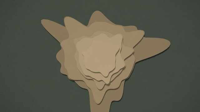 Layered paper cut discs morphing to music, organic wavy craft paper shapes pulsing on dark green background, audio reactive motion graphics