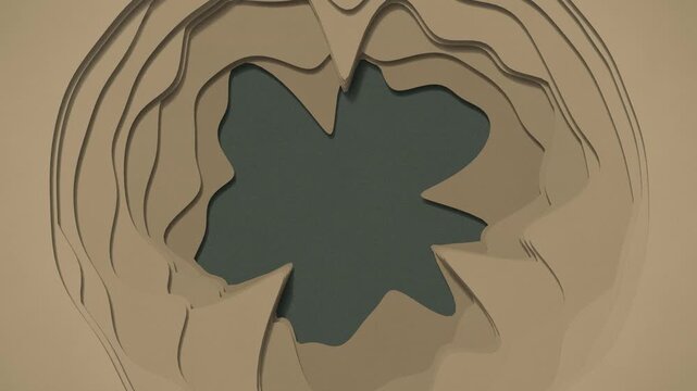 Paper cut tunnel hole with layered craft paper edges pulsing to music, abstract audio reactive frame on dark green, motion graphics background