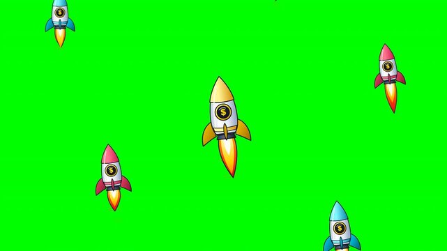 Set of Colorful Cartoon Rockets and Space Shuttles Flying Upwards on Green Screen Background for Creative Video Editing Projects