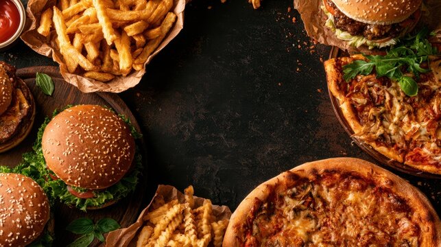 Assortment of fast food including cheeseburger with lettuce, crispy french fries, and two types of savory pizza on rustic dark surface