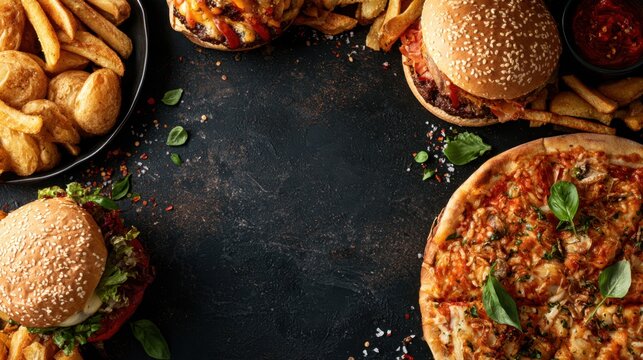 Delicious classic pizza burger french fry and potato variety meal with fresh herbs on dark textured background