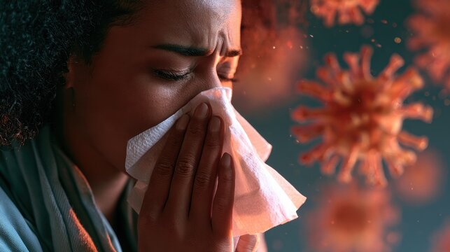 Woman with dark curly hair sneezing into tissue surrounded by floating virus particles concept of illness and infection spread