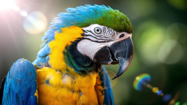 Vibrant blue and yellow macaw parrot close up in lush green forest with sunlight