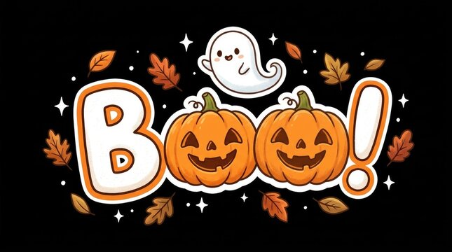 A delightful halloween illustration features cheerful pumpkins a friendly ghost and colorful autumn leaves against a shadowy dark backdrop