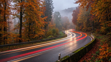 Fototapeta premium Winding road with colorful car light trails through autumn forest during a misty, rainy day.