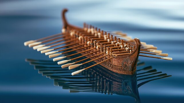 trireme. Miniature ancient trireme galley with parallel oars on a calm sea. mobility guides, transit brochures, designed for mobility and urban transit guides, improves user orientation.