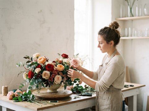A woman arranges a floral centerpiece in a workshop setting. She is focused on her task, wearing a neutral-toned apron and a bun hairstyle. 
