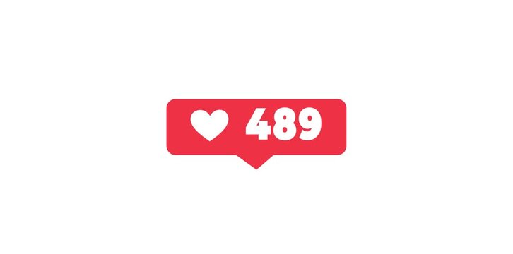 social media like counter, followers social media like notification icon with heart and number 999 Social media like counter animation with heart icon and numbers increase from 0 to 900, red speech .