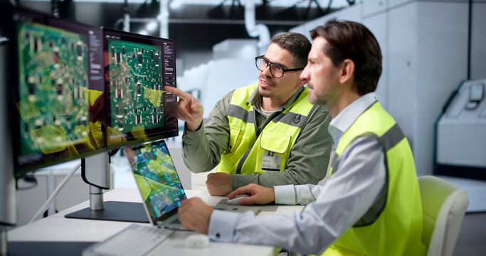 Electronics Engineer Reviews Multilayer PCB Layout On Laptop
