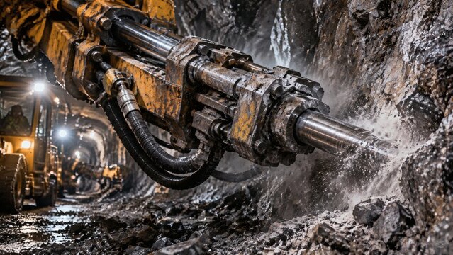 Mining machinery drilling rock in underground mine  
