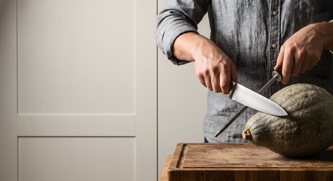 Close-up of hands using a large kitchen knife to carefully slice a tough green-skinned squash on a wooden board.