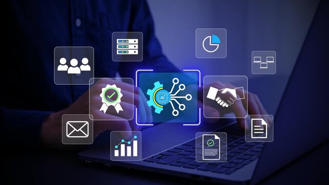 Digital AI Workflow Automation with business professional using laptop, connected process gears, task checklists, analytics and enterprise productivity workflow interface for operational efficiency