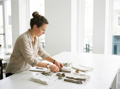 A woman is working at a table, handling fabric and tools, possibly sewing or crafting. The setting is a bright, minimalist room with large windows allowing natural light to fill the space. 