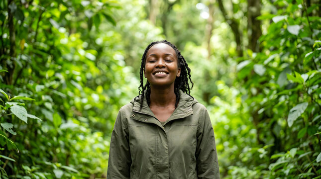 Woman Taking a Deep Breath in Green Forest, with Fresh Air from Nature