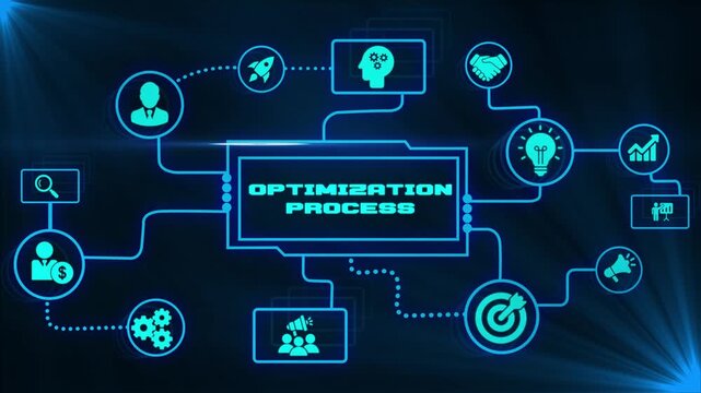 Optimization process animation with connected icons illustrating workflow efficiency, performance improvement, resource allocation and streamlined business operations