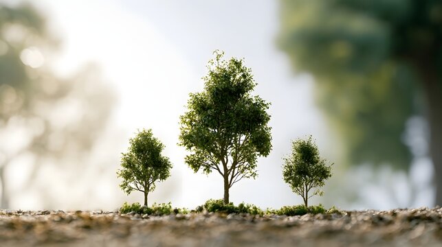 Three small trees stand in a row on a mossy patch of ground  with soft sunlight filtering through the background foliage