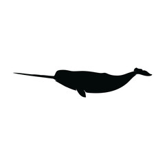 Black silhouette illustration of a swimming narwhal with a long tusk isolated on white background  © fanny