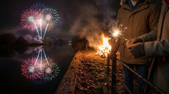 People celebrating Guy Fawkes Night by holding sparklers near a bright bonfire and watching colorful fireworks display.