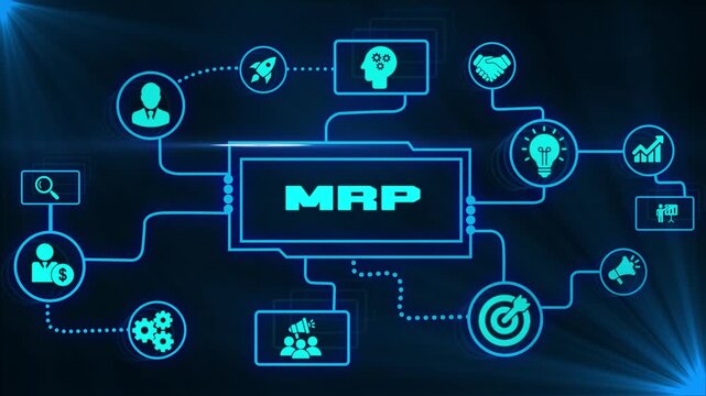 MRP business animation with connected icons illustrating material requirements planning, inventory control, production scheduling and manufacturing resource management