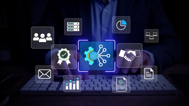 Digital AI Workflow Automation with business professional using laptop, connected process gears, task checklists, analytics and enterprise productivity workflow interface for operational efficiency