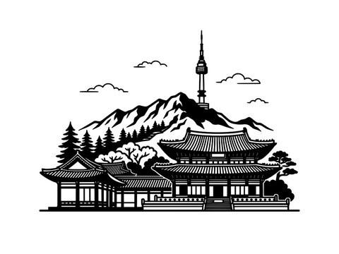 Seoul Cityscape with Traditional Temple and N Seoul Tower Line Art