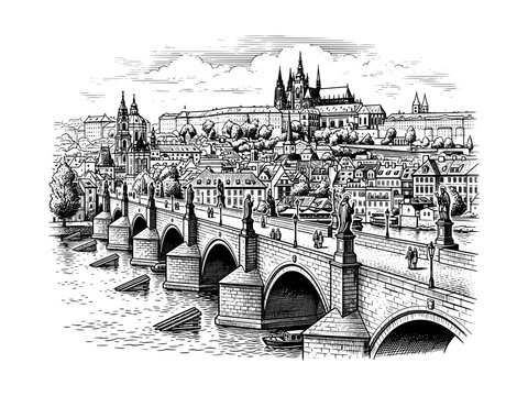 Prague Charles Bridge and Castle Sketch Illustration