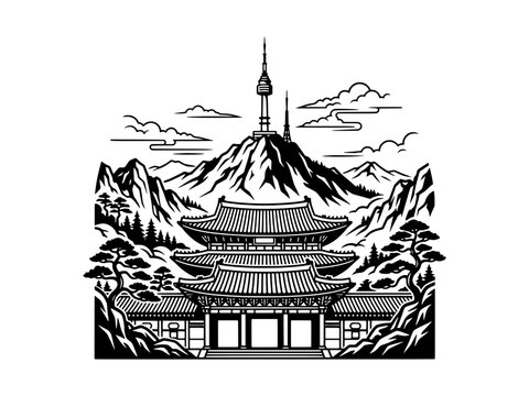 Seoul N Tower and Traditional Korean Palace Landmark Illustration