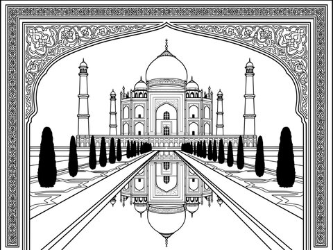 Taj Mahal Line Art Illustration with Decorative Frame