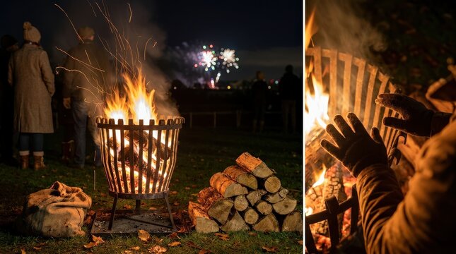 Bonfire burning brightly in a metal basket while people gather around to celebrate Guy Fawkes night with fireworks.