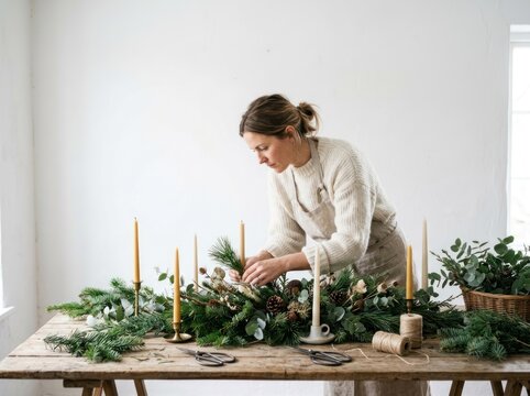 A woman arranges a festive table centerpiece with greenery, candles, and pinecones. She is focused on her task, working with scissors and twine on a rustic wooden table. 