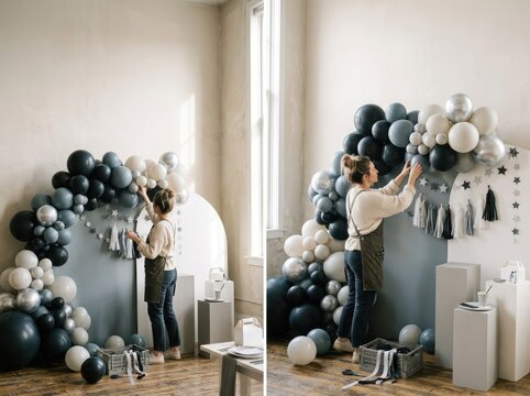 Two women decorate a room with a balloon arch, arranging balloons in a semi-circular pattern. The room has a modern, minimalist design with light-colored walls and wooden flooring. 