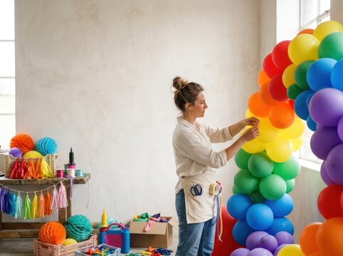 A woman arranges colorful balloons in a room, creating a vibrant and festive atmosphere. She is focused on her task, wearing an apron and standing amidst a variety of party supplies and decorations.