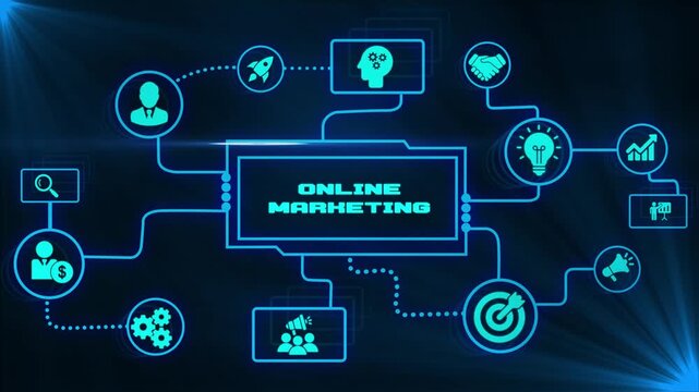 Online marketing animation with connected icons illustrating digital promotion, web advertising, customer engagement, targeted campaigns and online sales growth