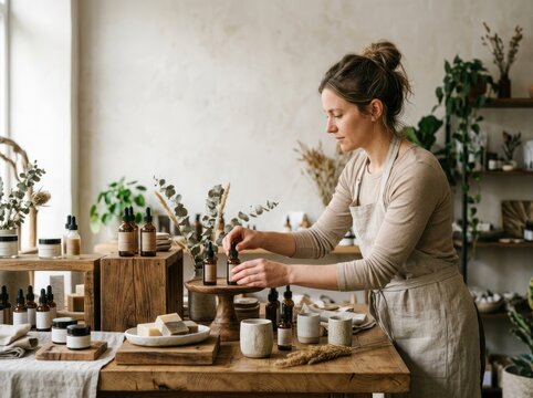 A woman in an apron is preparing or arranging natural products on a wooden table in a cozy, well-lit room with plants and shelves in the background.