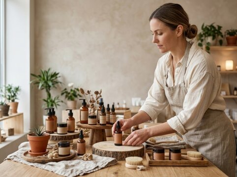 A woman arranges natural skincare products on a wooden table in a cozy, well-lit room with plants and shelves in the background.