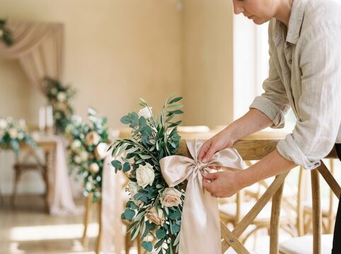 A person ties a floral arrangement with a ribbon on a chair in a softly lit room with floral decorations and draped fabric. The setting suggests a wedding or formal event preparation.