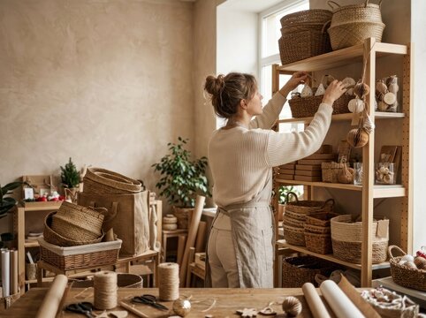 A woman organizes baskets on a wooden shelf in a cozy, well-lit room filled with natural light. She is wearing a white sweater and apron, and her hair is tied back. 