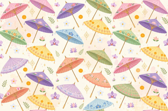 Thai Bo Sang umbrella seamless pattern, Lanna paper umbrella colorful background
Keywords: Bo Sang umbrella, Thai umbrella, Lanna umbrella, paper umbrella pattern, Thai pattern, umbrella seamless, col