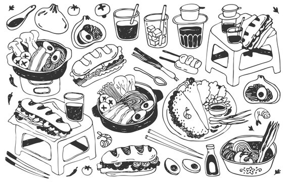 Collection of hand-drawn doodle illustrations of Vietnamese cuisine dishes. Vietnamese street food, banh mi, pho bo, coffe and noodles. Food and drinks, vector elements for cafes, menus.