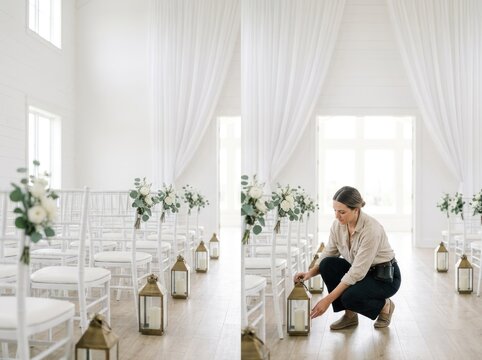 A woman lights a lantern in a white, elegant wedding ceremony space with rows of white chairs and floral arrangements. The setting is bright and airy with large windows and white curtains. 