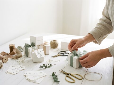 A person is wrapping a gift box with white paper and green ribbon, using scissors and twine. The setting is a clean, white table with additional gift boxes and decorative items in the background. 