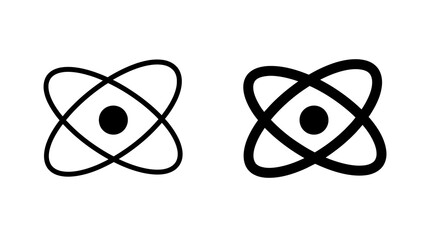 Atom structure icon set with orbiting electrons and nucleus in line and solid black styles for scientific research. © Iqrabatool