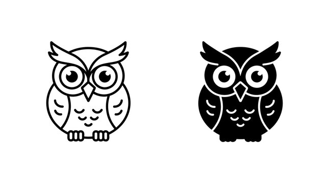 Wise owl character icons in outline and filled styles for educational or nature themed graphics.