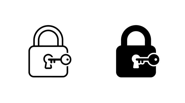 Security padlock with key line and solid glyph vector icons for privacy protection.